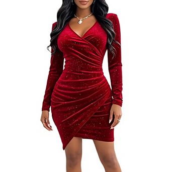 Womens Wrap v Neck Long Sleeve Velvet Bodycon Mini Glitter Ruched Cocktail Party Dresses
