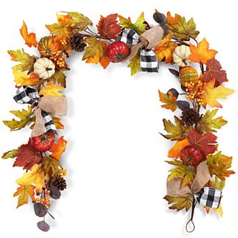 6 Ft Fall Garland with Pumpkins, Pinecones and Plaid Ribbon for Mantel