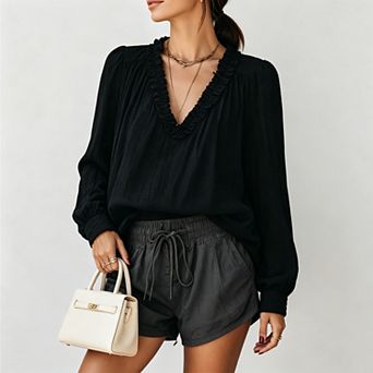 Women's Boho Casual Ruffled v‑Neck Puff Long Sleeve Lightweight Blouse