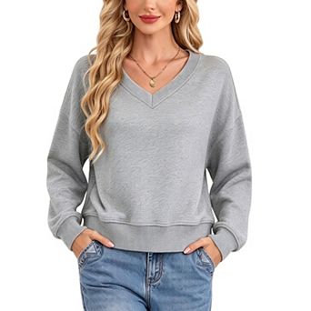 Women's V‑Neck Cropped Sweatshirt Long Sleeve Ribbed Hem Casual Loose Pullover Top