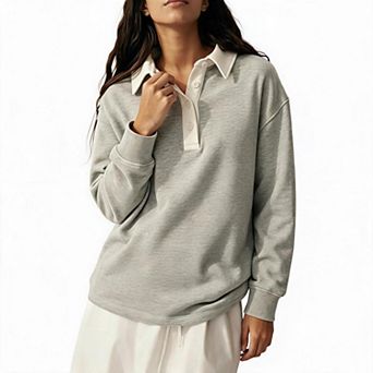 Women's Polo Collar Long Sleeve Sweatshirt Button V‑Neck Loose Fit Casual Pullover Top