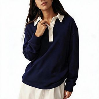 Women's Polo Collar Long Sleeve Sweatshirt Button V‑Neck Loose Fit Casual Pullover Top