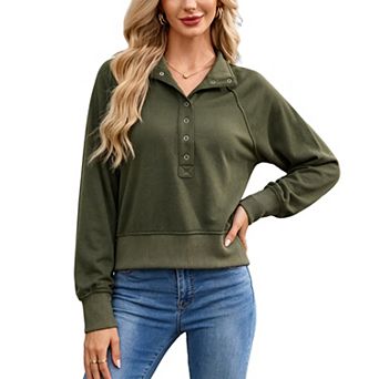 Women's Vintage Half Snap Button Pullover Sweatshirt Stand Collar Raglan Long Sleeve Casual Top