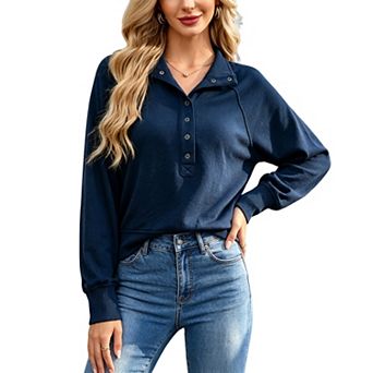 Women's Vintage Half Snap Button Pullover Sweatshirt Stand Collar Raglan Long Sleeve Casual Top