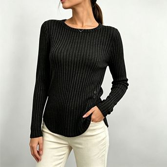 Womens Fall Long Sleeve Ribbed Crew Neck Side Split Tops Dressy Business Casual Tee
