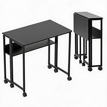 24.8" Folding Desk with Storage Shelf Rolling Small Computer Table for Home Office Study