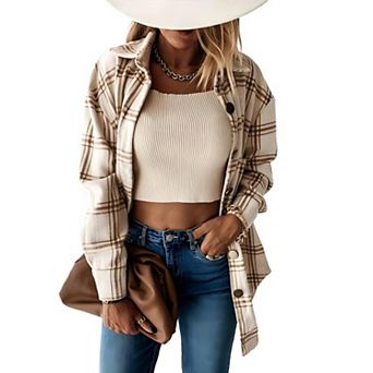 Women Plaid Flannel Fall Jackets Long Sleeve Open Front Turn Down Collar Outfits Winter Button Coats