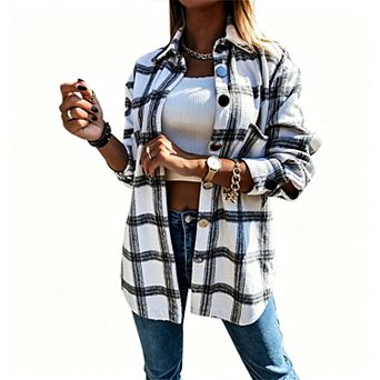 Women Plaid Flannel Fall Jackets Long Sleeve Open Front Turn Down Collar Outfits Winter Button Coats