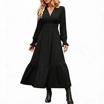 Women's V-Neck Long Sleeve Smocked Waist Tiered Maxi Dress