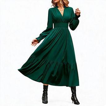 Women's V-Neck Long Sleeve Smocked Waist Tiered Maxi Dress