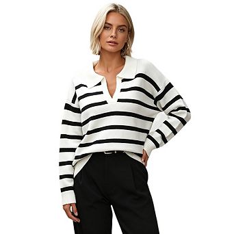 Women's Long Sleeved V Neck Striped Collar Loose Knit Pullover Sweater with Dropped Shoulders