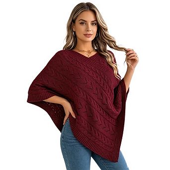 Women's Knitted Cape Sweater Cable Knit Irregular Hollow Out Shawl Top