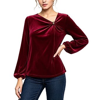 Womens Long Sleeve Twist V Neck Velvet Tops Dressy Casual Elegant Shirt Blouse Tunic Party Tops