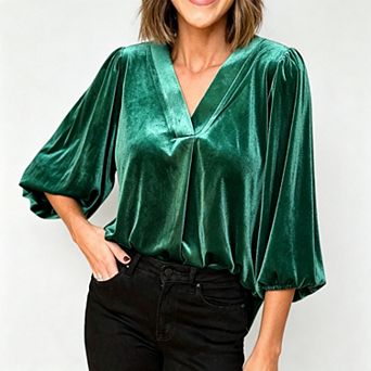 Women's v‑Neck Velvet 3/4 Length Puff Sleeve Fall Winter Blouse