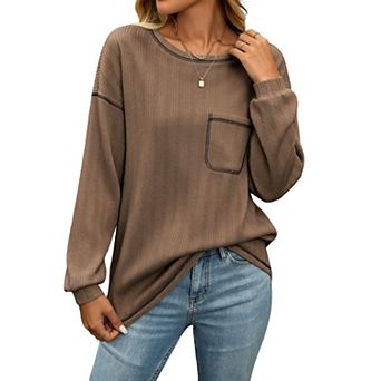 Women's Round Neck Ribbed Brushed Long Sleeve Top Loose Casual Top With Chest Pocket
