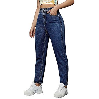 Women High Waist Mom Jeans Vintage Washed Relaxed Tapered Cropped Denim Pants