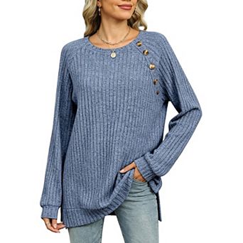 Women's Ribbed Knit Long Sleeve Top Round Neck Casual Loose Top With Decorative Buttons & Side Slit