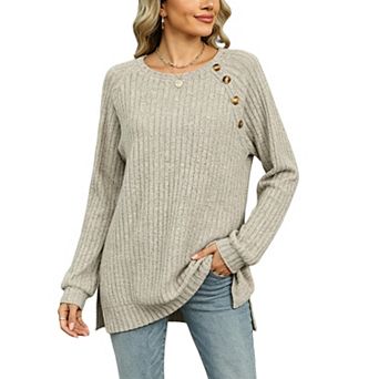 Women's Ribbed Knit Long Sleeve Top Round Neck Casual Loose Top With Decorative Buttons & Side Slit