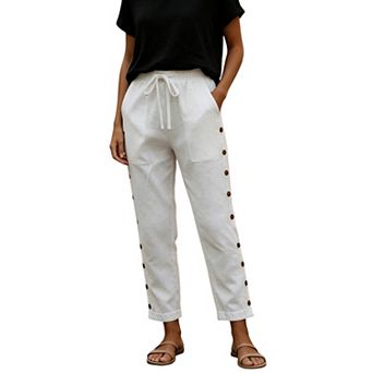 Women's Elastic Drawstring Waist Cropped Pants Side Buttons Loose Casual Ankle Pants With Pockets