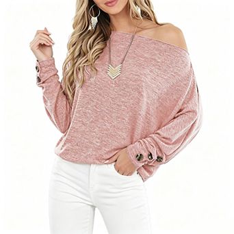 Women's Off‑Shoulder Long Sleeve Top Solid Color Loose Sleeve Decorative Cuff Buttons Casual Top