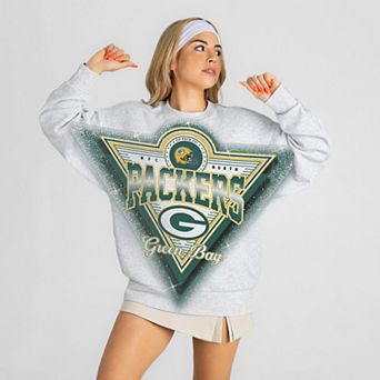 Women's Gameday Couture Ash Green Bay Packers Chasing Victory Rhinestone Spray Oversized Fleece Sweatshirt