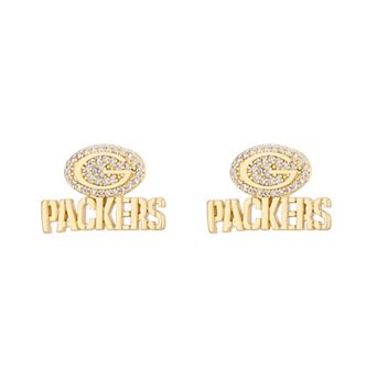LUV AJ Gold Green Bay Packers Pave Logo Stud Earrings