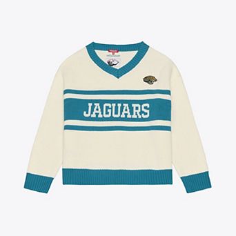 Women's Mitchell & Ness Cream/Teal Jacksonville Jaguars Retro Roots V-Neck Sweater
