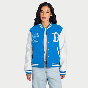 Women's The Wild Collective Blue Detroit Lions Pearl Varsity Jacket