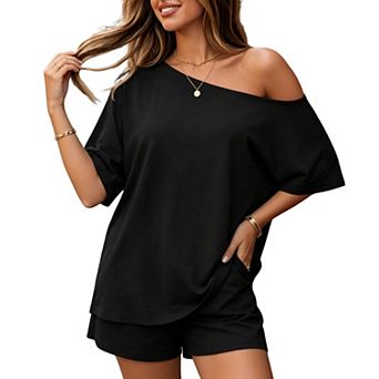 Women's 2 pc Outfit Set Asymmetrical Off‑Shoulder Short Sleeve Loose Top Casual Shorts Set