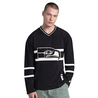 Men's Starter Black Seattle Seahawks Line Up Retro Logo Long Sleeve V-Neck T-Shirt