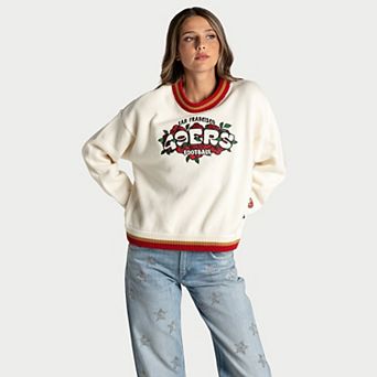Women's The Wild Collective Cream San Francisco 49ers Rosey Jacquard Boxy Crewneck Sweater