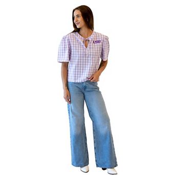 Women's Gameday Social Lavender LSU Tigers All-Over Gingham Blouse