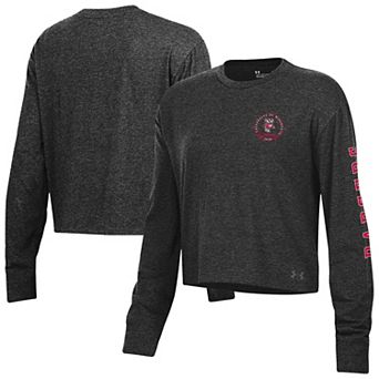 Women's Under Armour Black Wisconsin Badgers Icon Sleeve Two-Hit Long Sleeve Crop Top