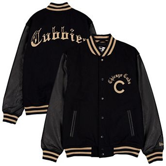 Men's New Era Black Chicago Cubs Heritage Gothic Lettering Varsity Jacket