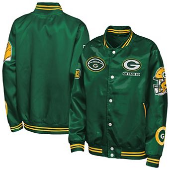 Youth Outerstuff Green Green Bay Packers Grid Runner Satin Patch Varsity Jacket