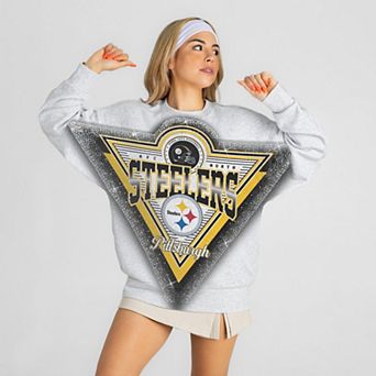 Women's Gameday Couture Ash Pittsburgh Steelers Chasing Victory Rhinestone Spray Oversized Fleece Sweatshirt