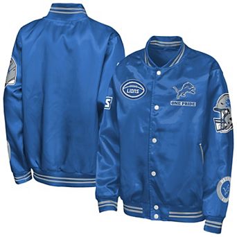 Youth Outerstuff Blue Detroit Lions Grid Runner Satin Patch Varsity Jacket