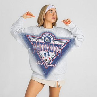 Women's Gameday Couture Ash New England Patriots Chasing Victory Rhinestone Spray Oversized Fleece Sweatshirt
