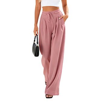 Women's High Waist Wide Leg Pants Adjustable Tie Waist Casual Flowy Trousers With Side Pockets
