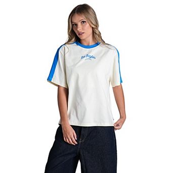 Women's The Wild Collective Cream Los Angeles Chargers Stripe Drop Shoulder T-Shirt