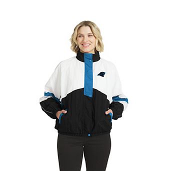 Women's WEAR by Erin Andrews White/Black Carolina Panthers Crinkle Full-Snap Hooded Windbreaker Jacket