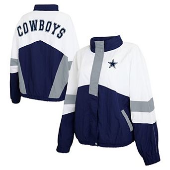 Women's WEAR by Erin Andrews White/Navy Dallas Cowboys Crinkle Full-Snap Hooded Windbreaker Jacket
