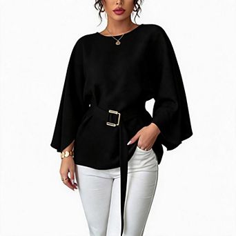 Women's Vintage Bell Sleeve Blouse Loose Flowy Belted Elegant Dressy Casual Shirt