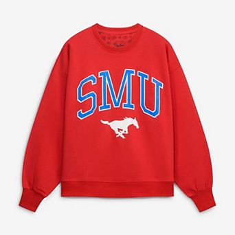 Women's Pressbox Red SMU Mustangs Oversized Janise Arch Over Logo Fleece Sweatshirt