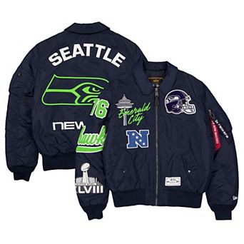Men's New Era x Alpha Industries College Navy Seattle Seahawks MA-1 Full-Zip Bomber Jacket