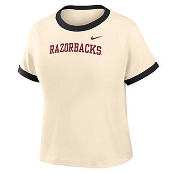 Women's Nike Natural Arkansas Razorbacks Ringer Mod Cropped T-Shirt