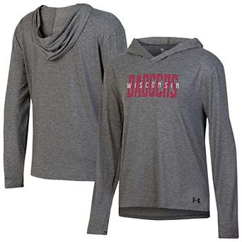 Women's Under Armour Heather Black Wisconsin Badgers Breezy Long Sleeve Hooded T-Shirt