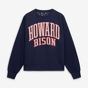 Women's Pressbox Navy Howard Bison Oversized Janise Arch Over Logo Fleece Sweatshirt