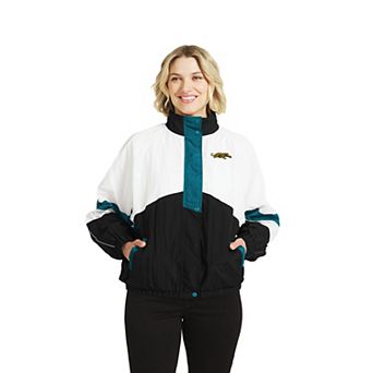 Women's WEAR by Erin Andrews White/Black Jacksonville Jaguars Throwback Crinkle Full-Snap Hooded Windbreaker Jacket