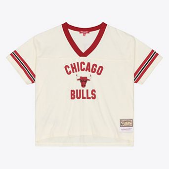 Women's Mitchell & Ness Cream Chicago Bulls Retro Roots Hardwood Classics Cropped Boxy Yoke T-Shirt
